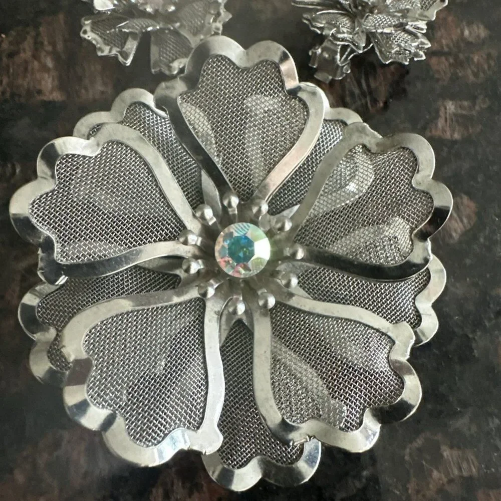 Vintage Signed BED Metal Mesh Flower Brooch & Earrings Set Silvertone AB Stones
